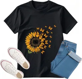 Sunflower Shirts for Women Graphic Tees Men Funny Graphic Butterfly Summer Tees T-Shirts Short Sleeve Casual Tops