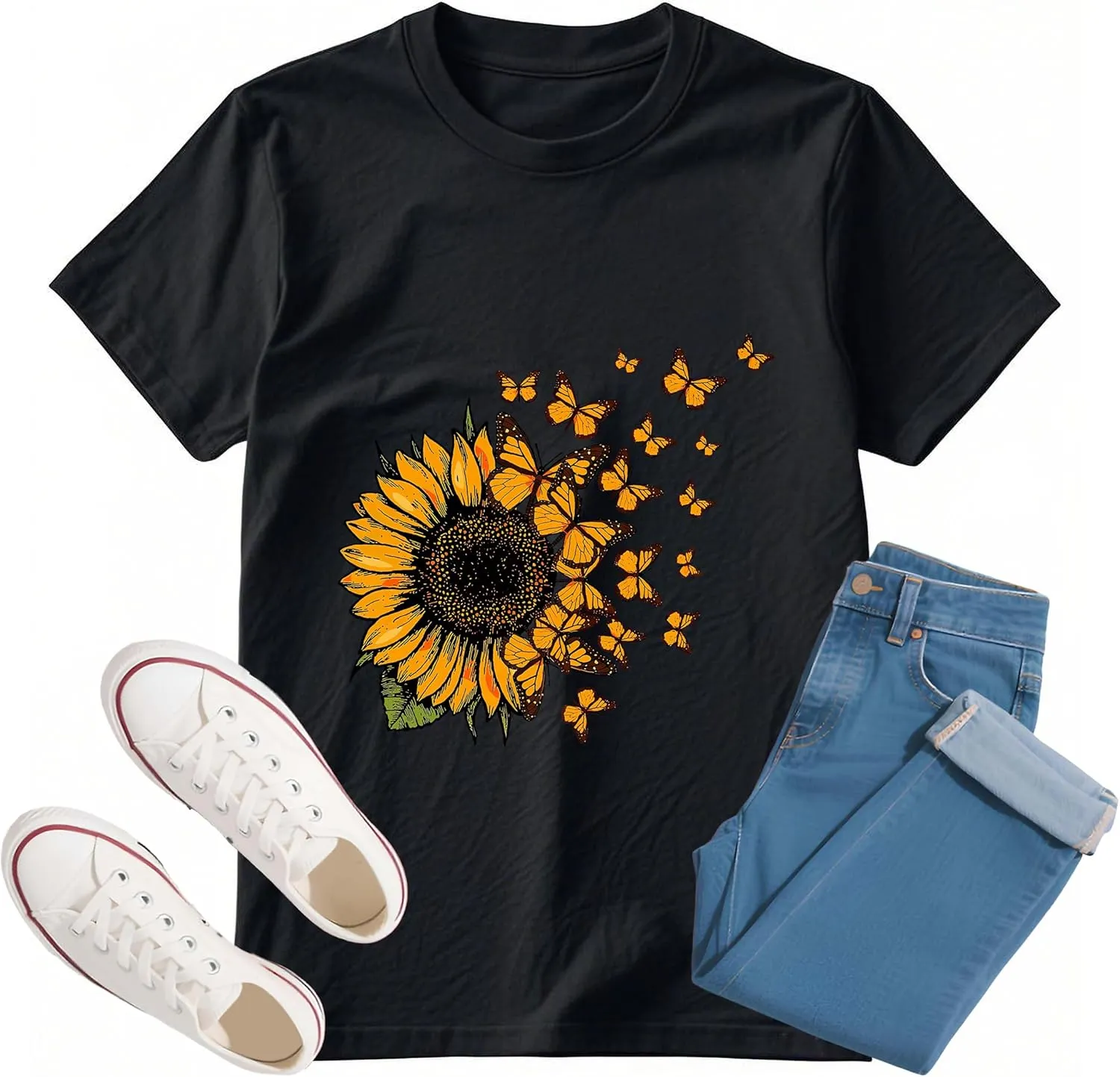 Sunflower Shirts for Women Graphic Tees Men Funny Graphic Butterfly Summer Tees T-Shirts Short Sleeve Casual Tops