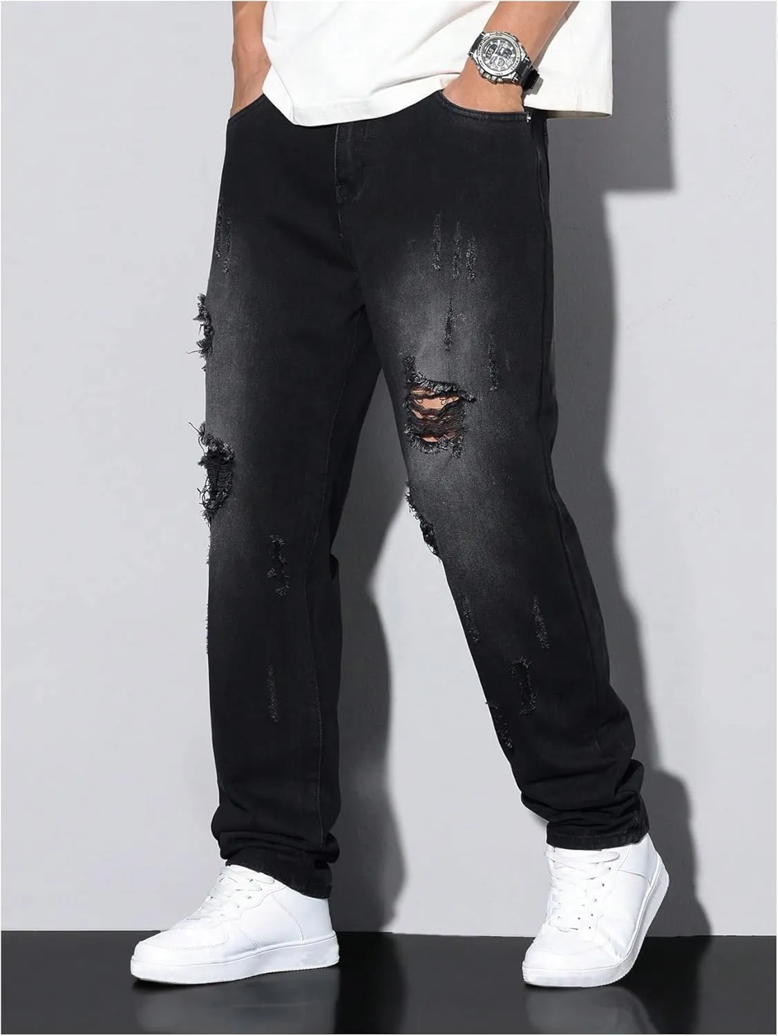 Verdusa Men's Vintage Distressed Ripped Jeans Straight Leg Denim Pants with Pockets