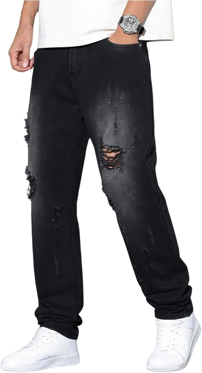 Verdusa Men's Vintage Distressed Ripped Jeans Straight Leg Denim Pants with Pockets
