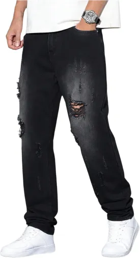 Verdusa Men's Vintage Distressed Ripped Jeans Straight Leg Denim Pants with Pockets