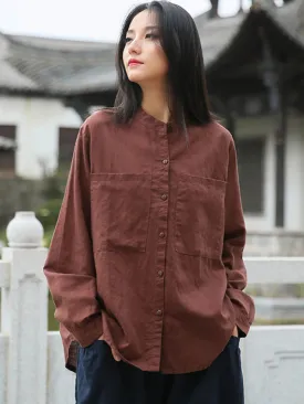 Vintage Ramie Cotton Solid Color Long Sleeve Blouse