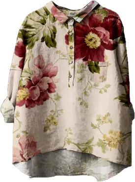 Women Long Sleeve Beach Shirt Printed Loose Fit Tee Tops Lapel Neck Button Blouses Long Sleeves Casual Outfits for