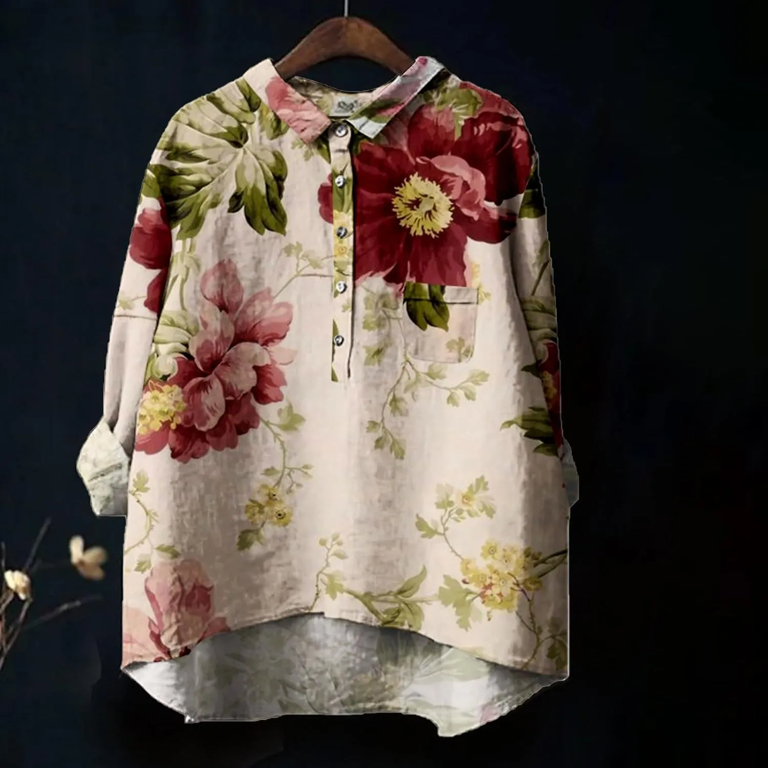 Women Long Sleeve Beach Shirt Printed Loose Fit Tee Tops Lapel Neck Button Blouses Long Sleeves Casual Outfits for
