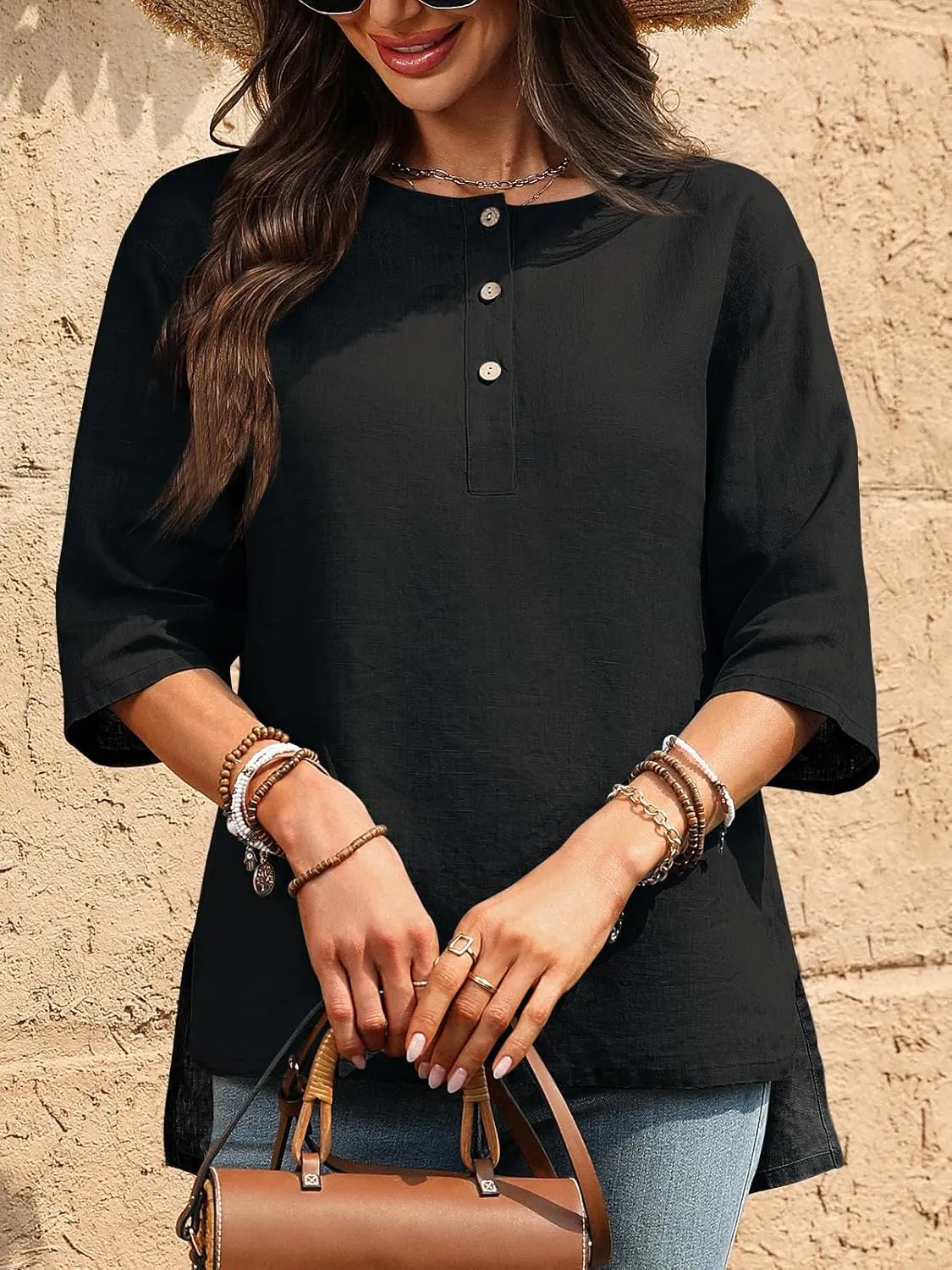 Women's Linen Henley Shirts 100% Linen Elbow Sleeve Crew Neck Slit Hem Tunics Blouse Top