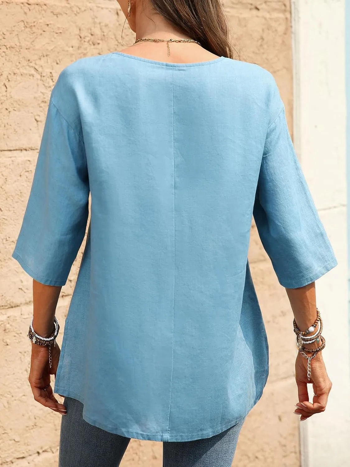 Women's Linen Henley Shirts 100% Linen Elbow Sleeve Crew Neck Slit Hem Tunics Blouse Top