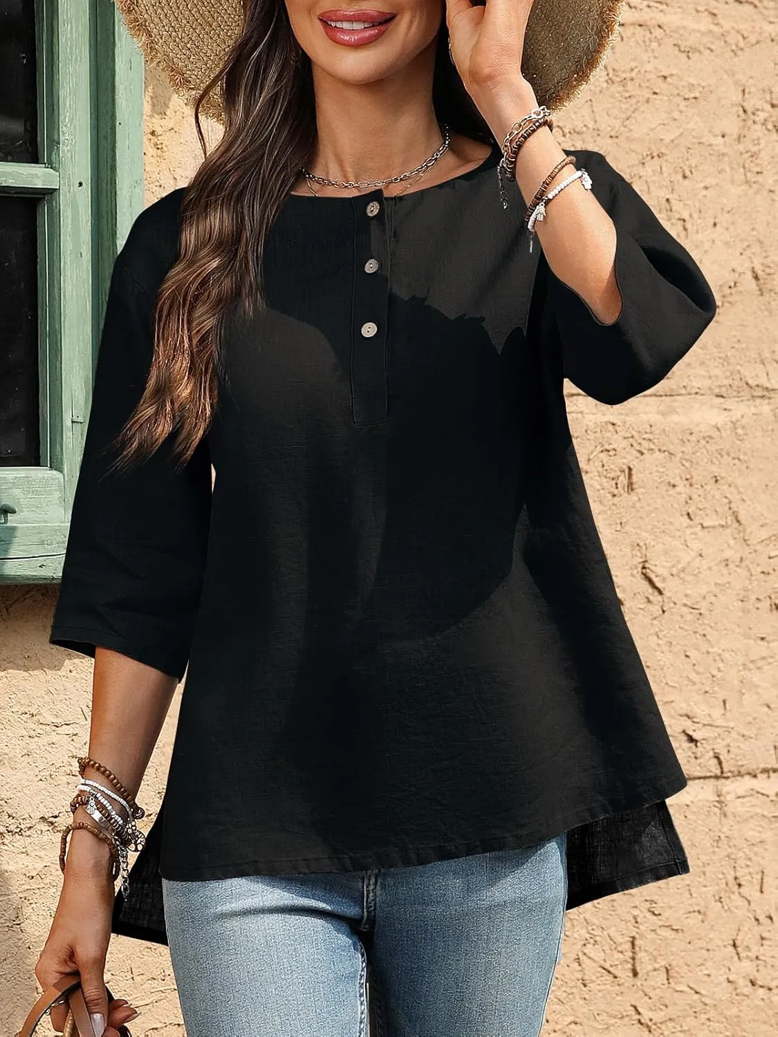Women's Linen Henley Shirts 100% Linen Elbow Sleeve Crew Neck Slit Hem Tunics Blouse Top