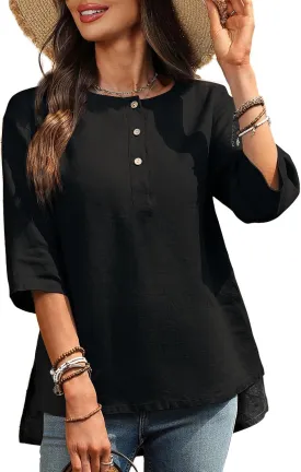 Women's Linen Henley Shirts 100% Linen Elbow Sleeve Crew Neck Slit Hem Tunics Blouse Top