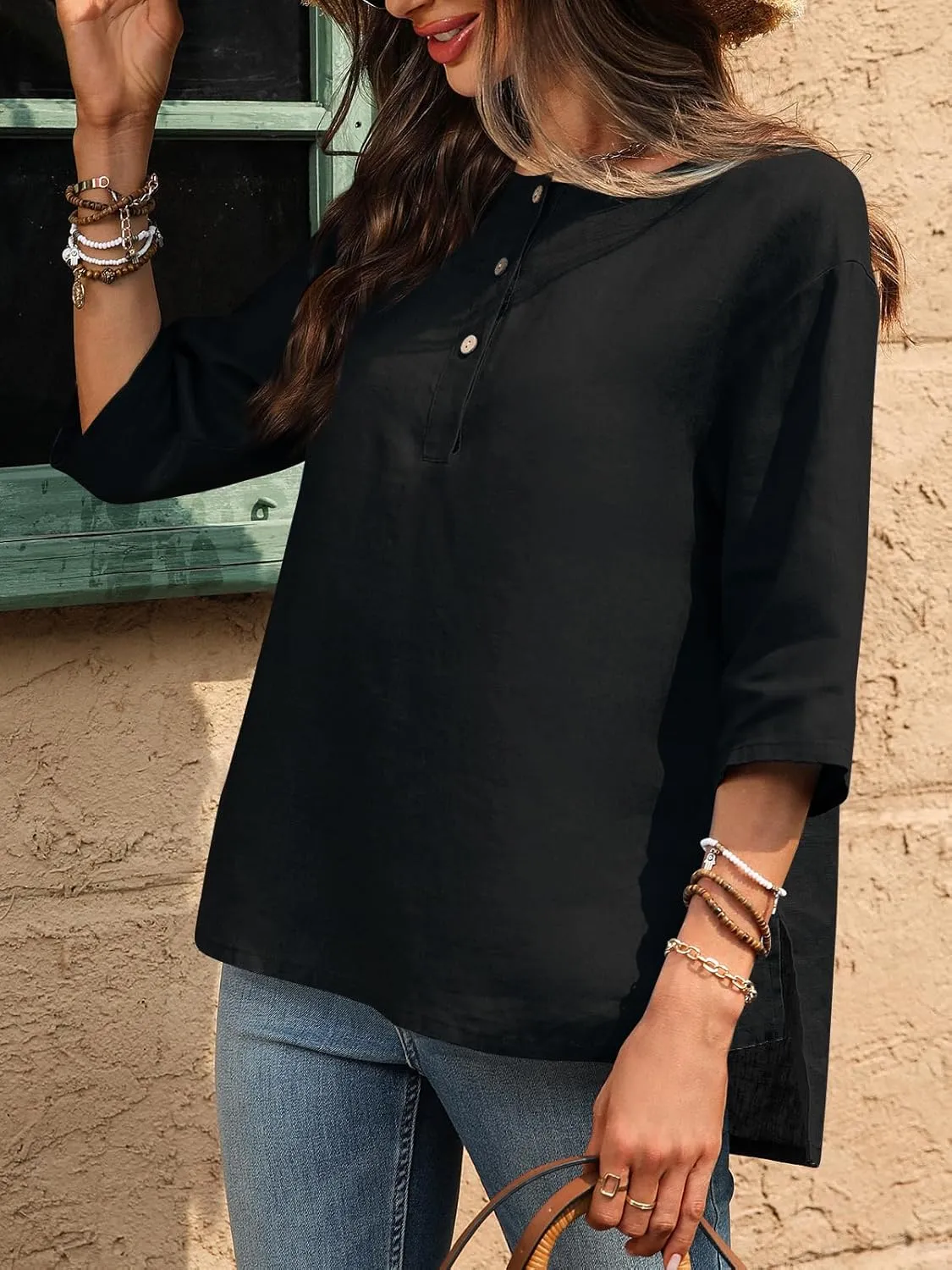 Women's Linen Henley Shirts 100% Linen Elbow Sleeve Crew Neck Slit Hem Tunics Blouse Top