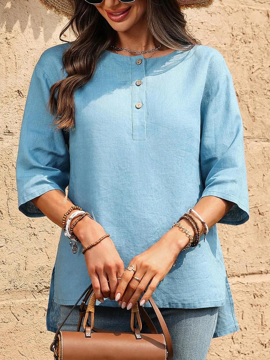 Women's Linen Henley Shirts 100% Linen Elbow Sleeve Crew Neck Slit Hem Tunics Blouse Top