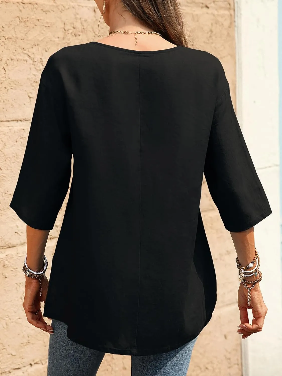 Women's Linen Henley Shirts 100% Linen Elbow Sleeve Crew Neck Slit Hem Tunics Blouse Top