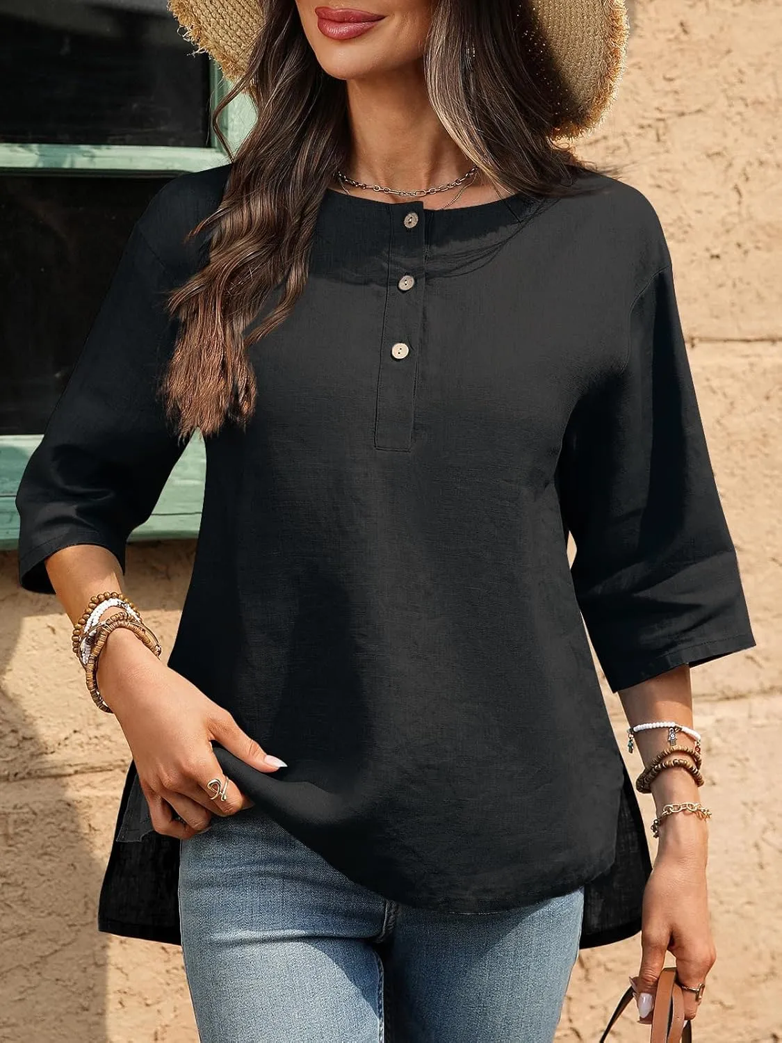 Women's Linen Henley Shirts 100% Linen Elbow Sleeve Crew Neck Slit Hem Tunics Blouse Top