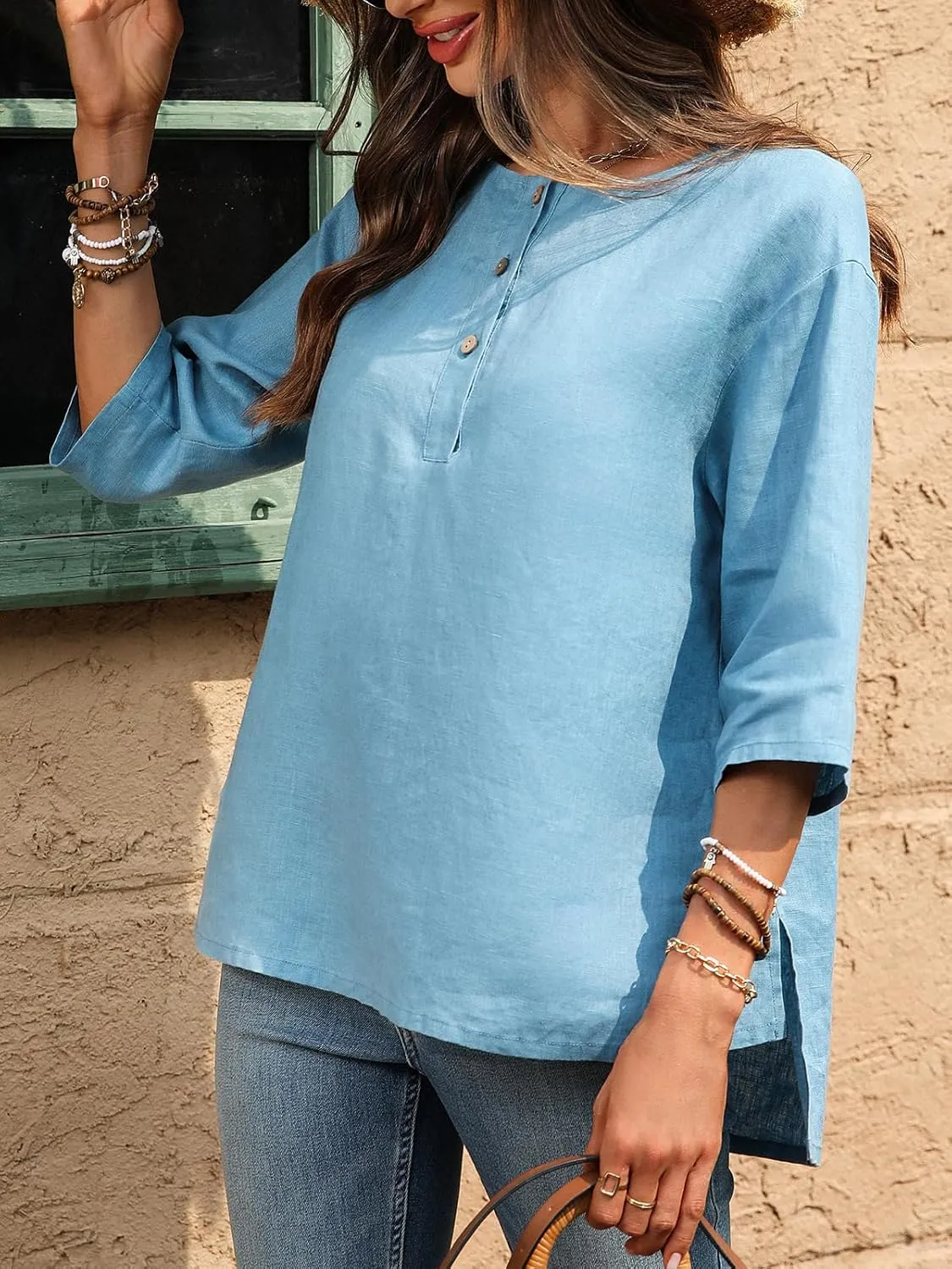 Women's Linen Henley Shirts 100% Linen Elbow Sleeve Crew Neck Slit Hem Tunics Blouse Top