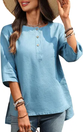 Women's Linen Henley Shirts 100% Linen Elbow Sleeve Crew Neck Slit Hem Tunics Blouse Top