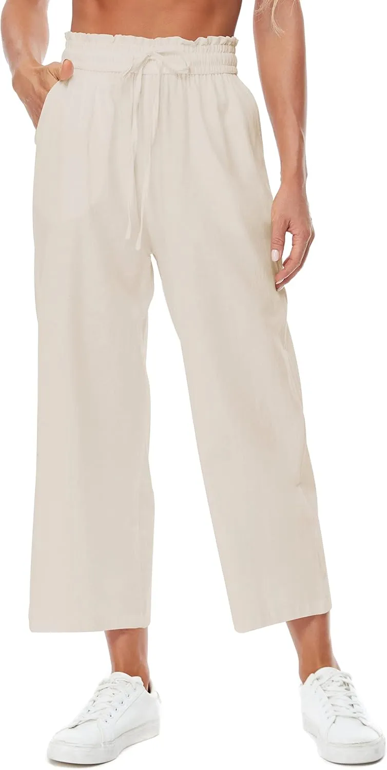 Womens Linen Pants Elastic High Waisted Wide Leg Drawstring Casual Loose Cropped Pants with Pockets