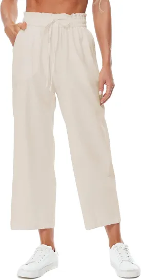 Womens Linen Pants Elastic High Waisted Wide Leg Drawstring Casual Loose Cropped Pants with Pockets