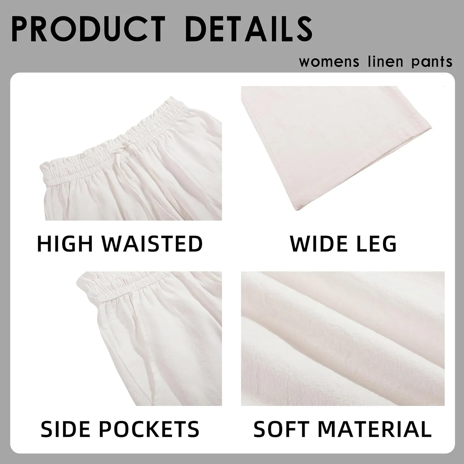 Womens Linen Pants Elastic High Waisted Wide Leg Drawstring Casual Loose Cropped Pants with Pockets