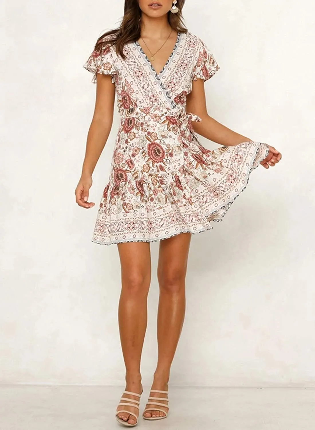 Women’s Summer Wrap V Neck Dresses Bohemian Floral Print Ruffle Swing A Line Beach Mini Dress