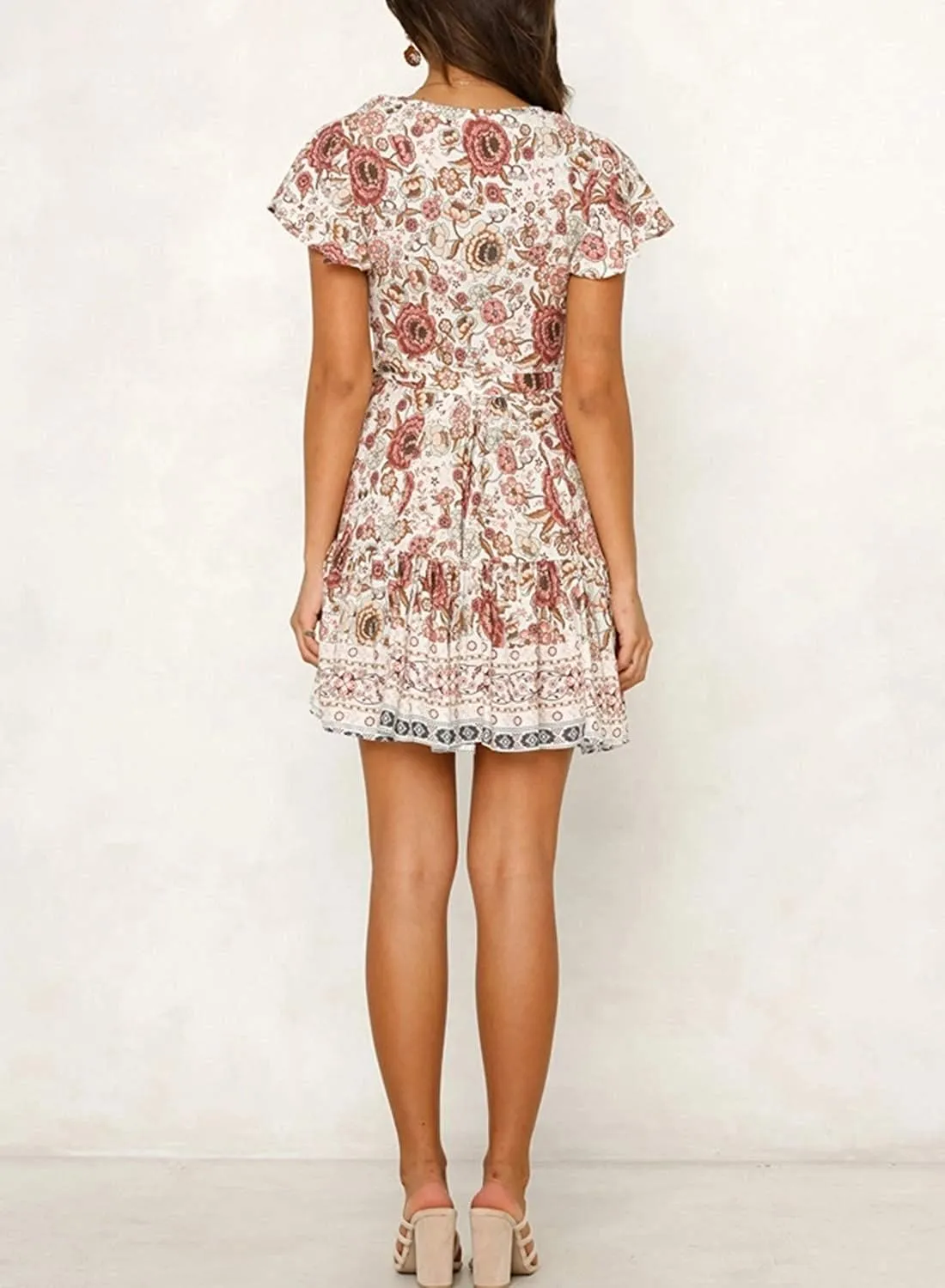 Women’s Summer Wrap V Neck Dresses Bohemian Floral Print Ruffle Swing A Line Beach Mini Dress