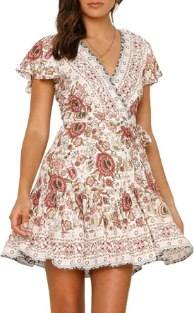 Women’s Summer Wrap V Neck Dresses Bohemian Floral Print Ruffle Swing A Line Beach Mini Dress