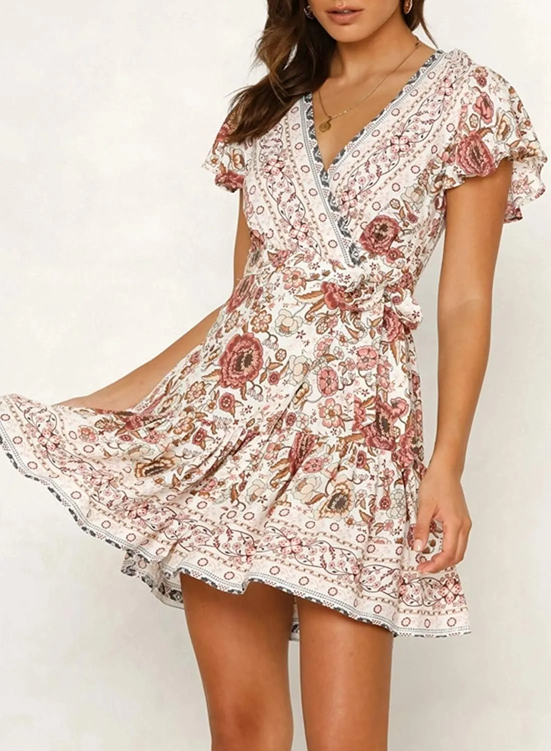 Women’s Summer Wrap V Neck Dresses Bohemian Floral Print Ruffle Swing A Line Beach Mini Dress