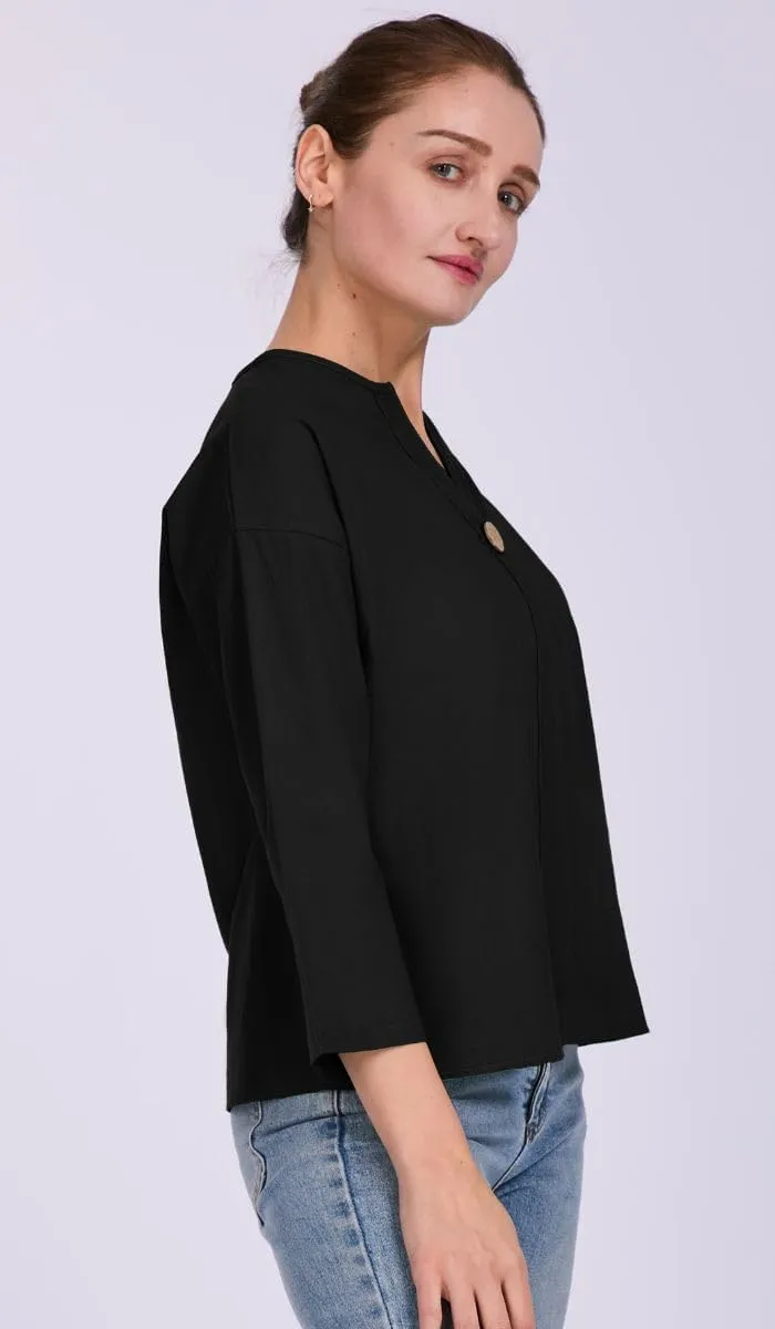 Women's V-Neck Cotton Linen Shirt Top 3/4 Roll-Up Sleeve Summer Casual Loose Solid Blouses Tunic Tops with Button