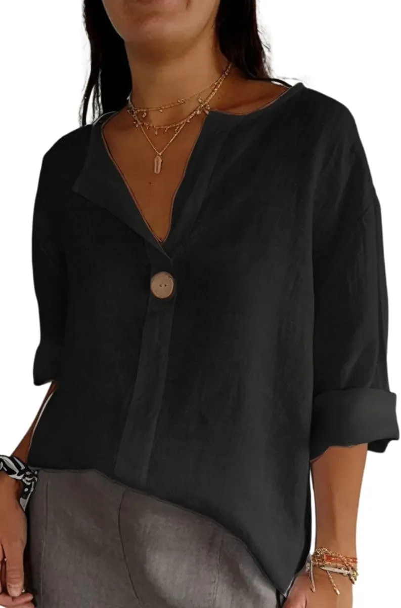 Women's V-Neck Cotton Linen Shirt Top 3/4 Roll-Up Sleeve Summer Casual Loose Solid Blouses Tunic Tops with Button