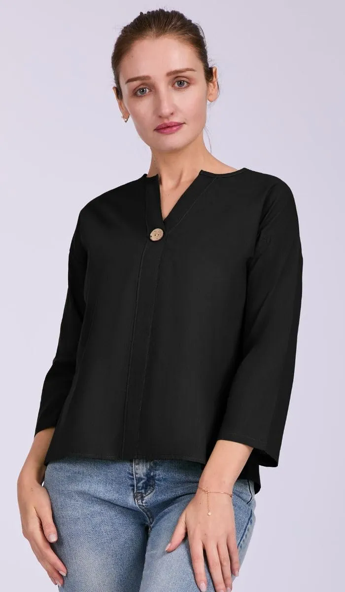 Women's V-Neck Cotton Linen Shirt Top 3/4 Roll-Up Sleeve Summer Casual Loose Solid Blouses Tunic Tops with Button