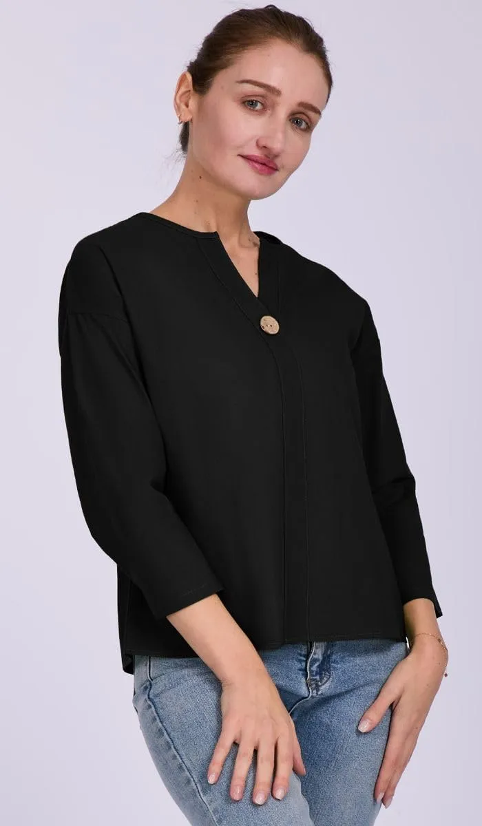 Women's V-Neck Cotton Linen Shirt Top 3/4 Roll-Up Sleeve Summer Casual Loose Solid Blouses Tunic Tops with Button